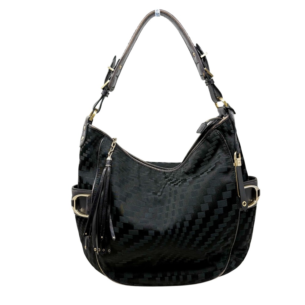 Cole Haan Black Checkered Fabric Leather Hobo Bag Tassel Gold Hardware